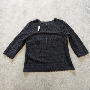 Talbots black crochet lined blouse women's Medium petite NEW
